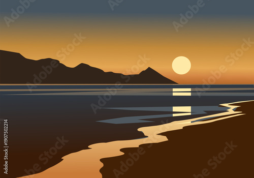 Minimalist Beach Sunset Landscape with Mountains and Ocean Reflection