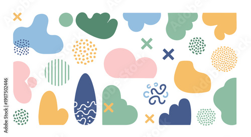 Abstract shapes and patterns in pastel colors, creating a playful and modern design.