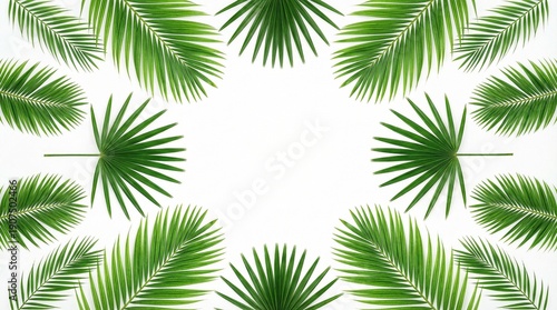 Green tropical palm leaves framing a bright white background with copy space for summer vacation concept and natural design element