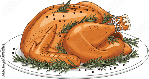 Roasted turkey with rosemary and peppercorns on a white plate brown background