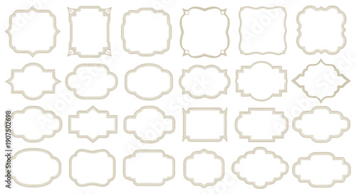 A collection of 24 decorative, ornate, and elegant empty frames in various shapes and sizes, presented in a neutral beige color against a white background.