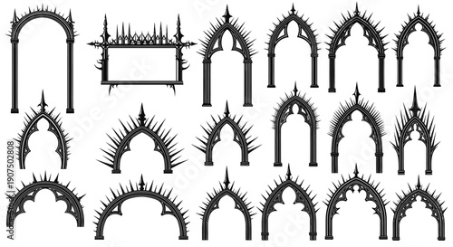A collection of gothic architectural arches and decorative elements, featuring pointed tops and spiky embellishments.
