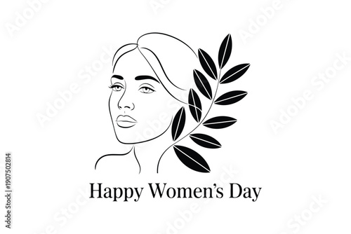 Black and white line of a woman with laurel leaves Happy Womens Day text line woman female face profile