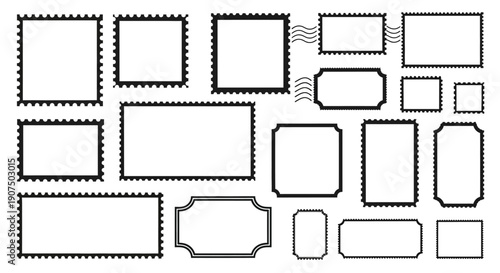 A collection of various blank frames and borders with different shapes and edges, including serrated and smooth designs, resembling postage stamps or picture frames.