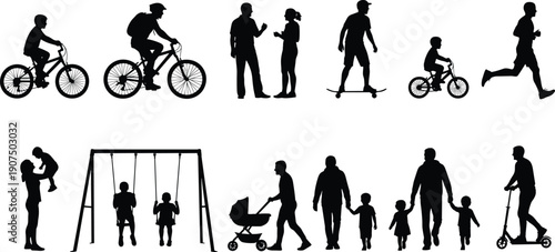 Silhouettes of people engaging in outdoor activities and family interactions with bicycles skateboard swing and scooter