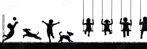 Silhouettes of children playing with dogs and swinging on swings in a park setting