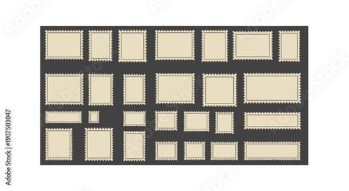 A collection of blank postage stamps with perforated edges, arranged on a dark album page.