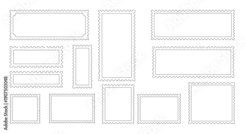 A collection of blank postage stamps of various shapes and sizes, all with perforated edges, presented on a white background.