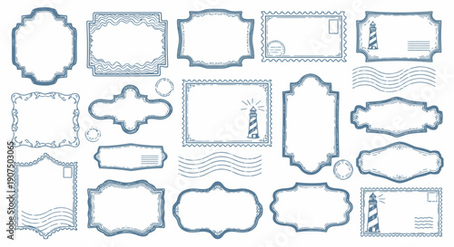 A collection of various blue outline frames, borders, and postage stamp-like designs with wavy lines, suitable for labels or decorative elements.