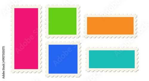 A collection of five colorful rectangular shapes with serrated edges, resembling blank postage stamps or labels, arranged on a white background.