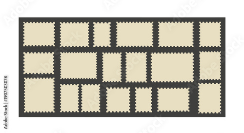 A collection of blank postage stamps with perforated edges arranged on a dark background, resembling a stamp album page.