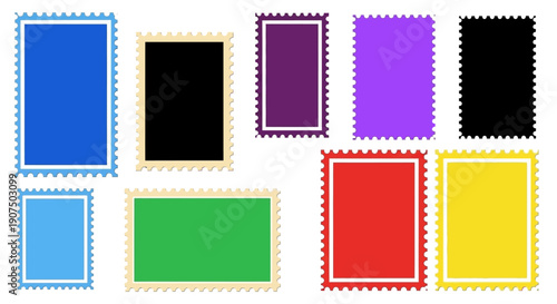 A collection of nine blank postage stamp frames in various colors and orientations, featuring serrated edges on a white background.
