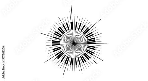 Abstract radial design with black and white bars resembling piano keys or a sound equalizer, emanating from a central point on a white background.