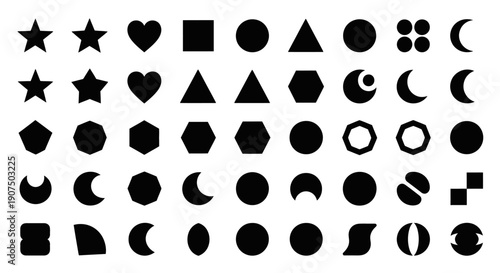 A comprehensive collection of black geometric shapes and abstract symbols arranged in a grid pattern on a white background, featuring stars, hearts, circles, and crescents.