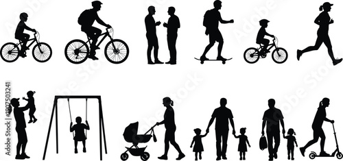 Silhouettes of people engaging in various outdoor activities and family interactions with bicycles skateboard