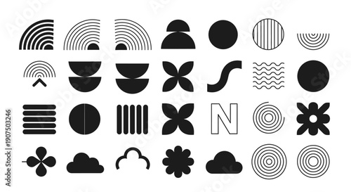 A collection of minimalist black and white abstract geometric shapes and modern graphic design elements.