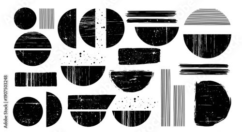 Abstract black geometric shapes with distressed grunge textures on a white background, forming a modern minimalist design.