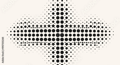 Abstract halftone pattern with black dots and stars forming a symmetrical diamond shape on a light background.
