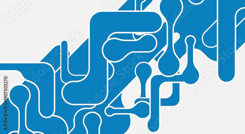 Abstract blue interconnected shapes forming a dynamic network pattern on a clean white background.