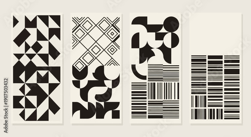 Four minimalist abstract geometric patterns in black and off-white, featuring diverse arrangements of triangles, squares, circles, and stripes, suitable for modern design.