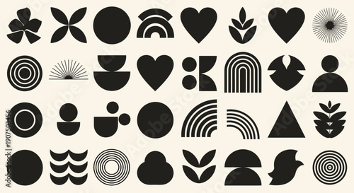 A collection of abstract geometric shapes and symbols in black on a textured beige background.