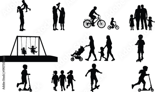 Silhouettes of people engaging in various outdoor activities with children and families