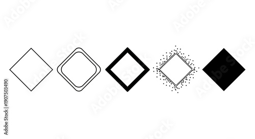 A sequence of five diamond shapes, each with a different visual treatment, progressing from outline to solid fill.