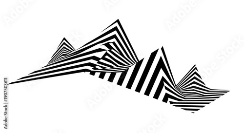 Abstract optical illusion of black and white stripes forming mountain-like peaks and valleys.