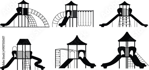 Six black and white playground structures with slides and climbing in various