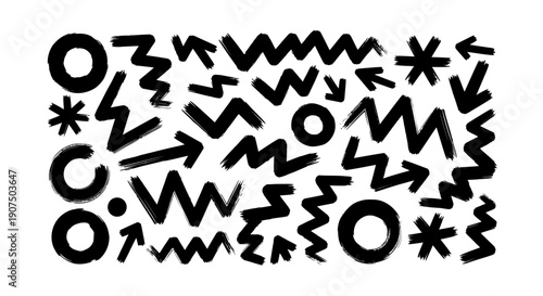 A collection of abstract black brush stroke shapes including circles, zigzags, asterisks, dots, and arrows on a white background.