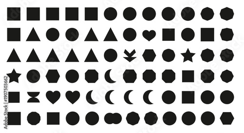 A large collection of diverse geometric and symbolic shapes in black silhouette on a white background.
