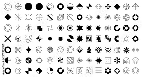 A comprehensive collection of diverse geometric abstract icons and symbols, presented in a grid layout.