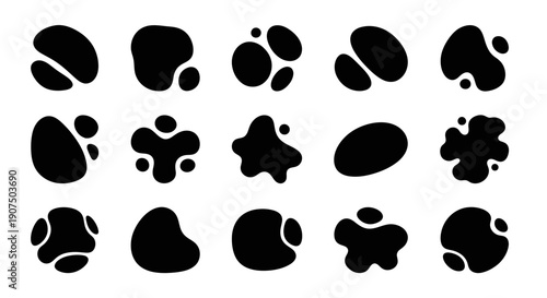 A collection of abstract, organic, blob-like shapes in solid black, presented in a grid.