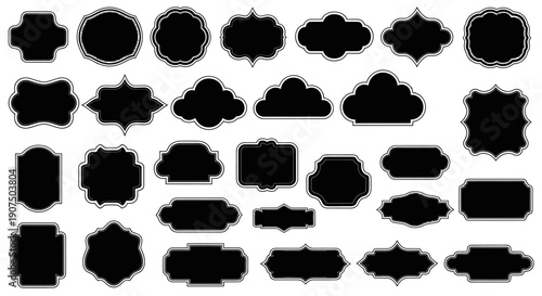 A collection of various black silhouette shapes, including frames, labels, and decorative elements, on a white background.
