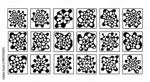 A collection of 18 abstract black and white ink drawings of organic, cellular, or molecular structures.