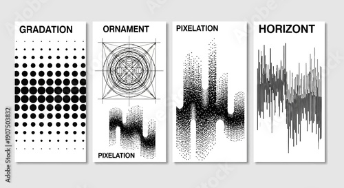 Four abstract graphic design posters showcasing different visual effects: Gradation, Ornament, Pixelation, and Horizont.