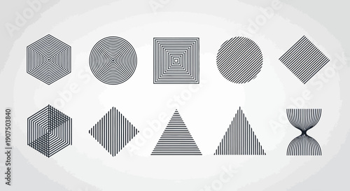 A collection of geometric shapes rendered with fine, parallel lines, creating a sense of depth and texture.