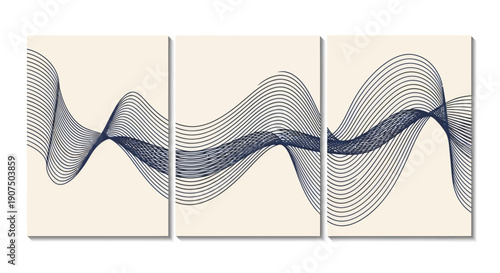 Abstract navy blue wavy lines on a cream background, presented as a triptych canvas art.