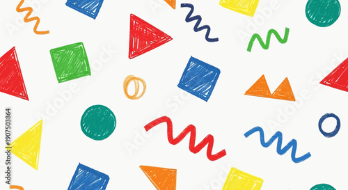 A vibrant and playful pattern of colorful geometric shapes and squiggles on a white background.