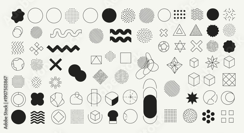 A comprehensive collection of abstract geometric shapes and patterns, including circles, squares, triangles, and wavy lines, presented in a minimalist style.