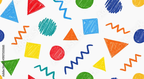A vibrant and playful pattern featuring a variety of colorful geometric shapes and zig-zag lines on a white background.