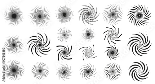 A collection of abstract spiral vortex graphic elements with varying line thickness and density.