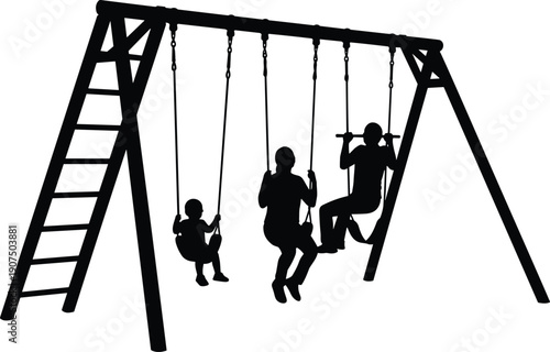 Three People Swinging on a Black Playground Swing Set with a Ladder and Four Swings children