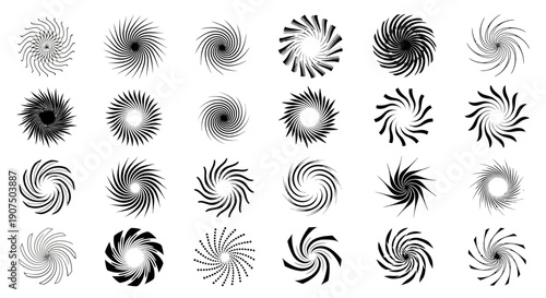 A collection of 24 abstract black and white swirling vortex or spiral graphic elements, presented in a grid layout.