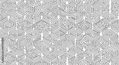Intricate isometric maze pattern with a complex network of interconnected lines and pathways.