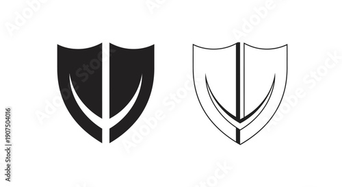 Two stylized shield emblems, one black and one white outline, featuring a central vertical line and a curved bottom element.