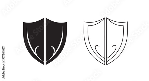 Two stylized shields, one solid black and one outlined in black, presented side-by-side on a white background.