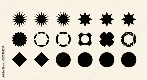 A collection of black geometric shapes including stars, circles, and diamonds on a beige background.