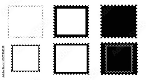 Six square postage stamp outlines with perforated edges, some filled and some empty, on a white background.