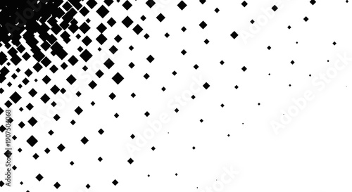 Abstract pattern of black squares of varying sizes fading into white space.